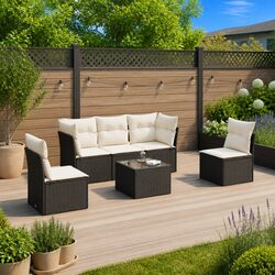 Garden Sofa Set 6 Piece Outdoor Furniture Black Poly Rattan Patio Seating with