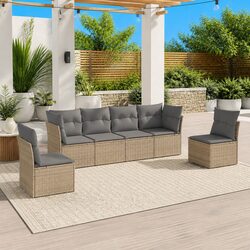 Outdoor Garden Sofa Set 6 Piece Beige Poly Rattan Patio Furniture with Storage