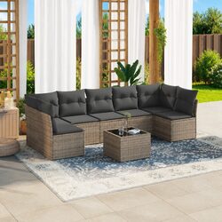Garden Sofa Set 8 Piece Outdoor Furniture Grey Poly Rattan with Storage Cushions
