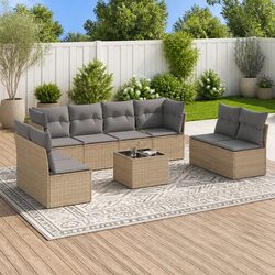 Outdoor Garden Sofa Set 9 Piece Beige PE Rattan Patio Furniture with Cushions