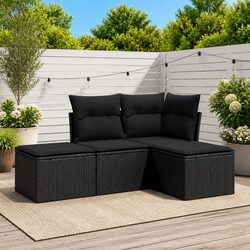 4-Piece Black Poly Rattan Sofa Set