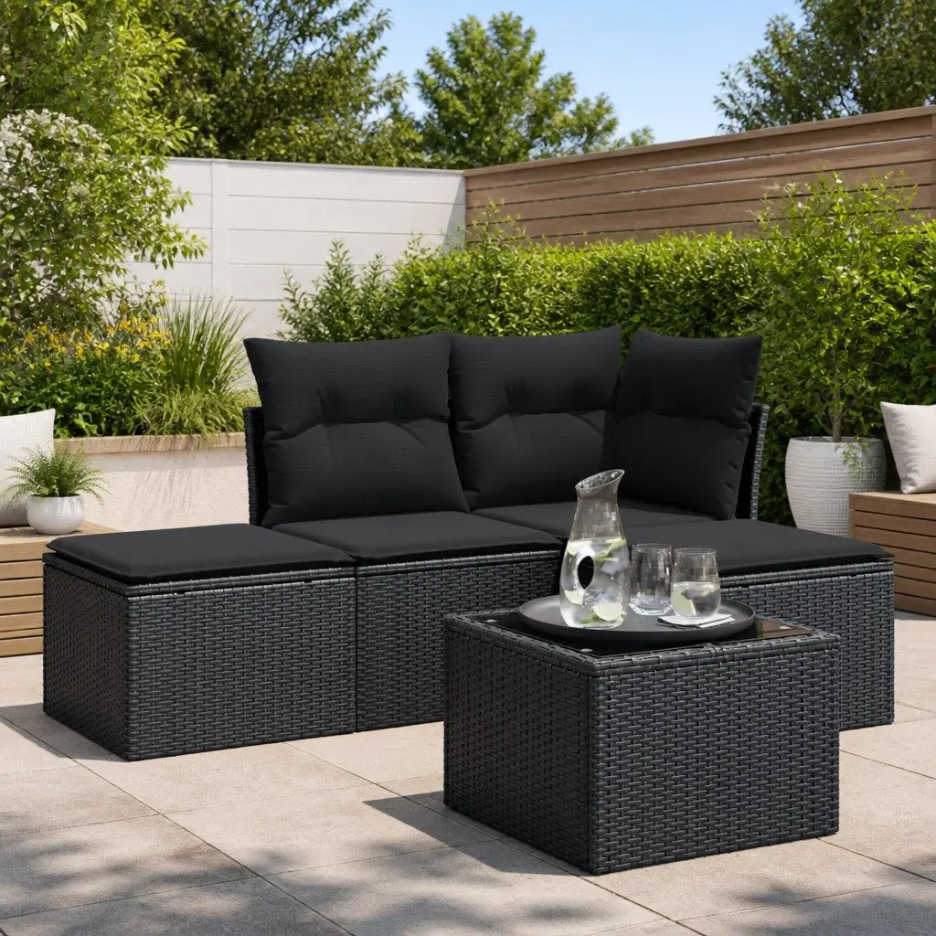 Garden Sofa Set 5 Piece Outdoor Furniture Patio Black Poly Rattan with Cushions