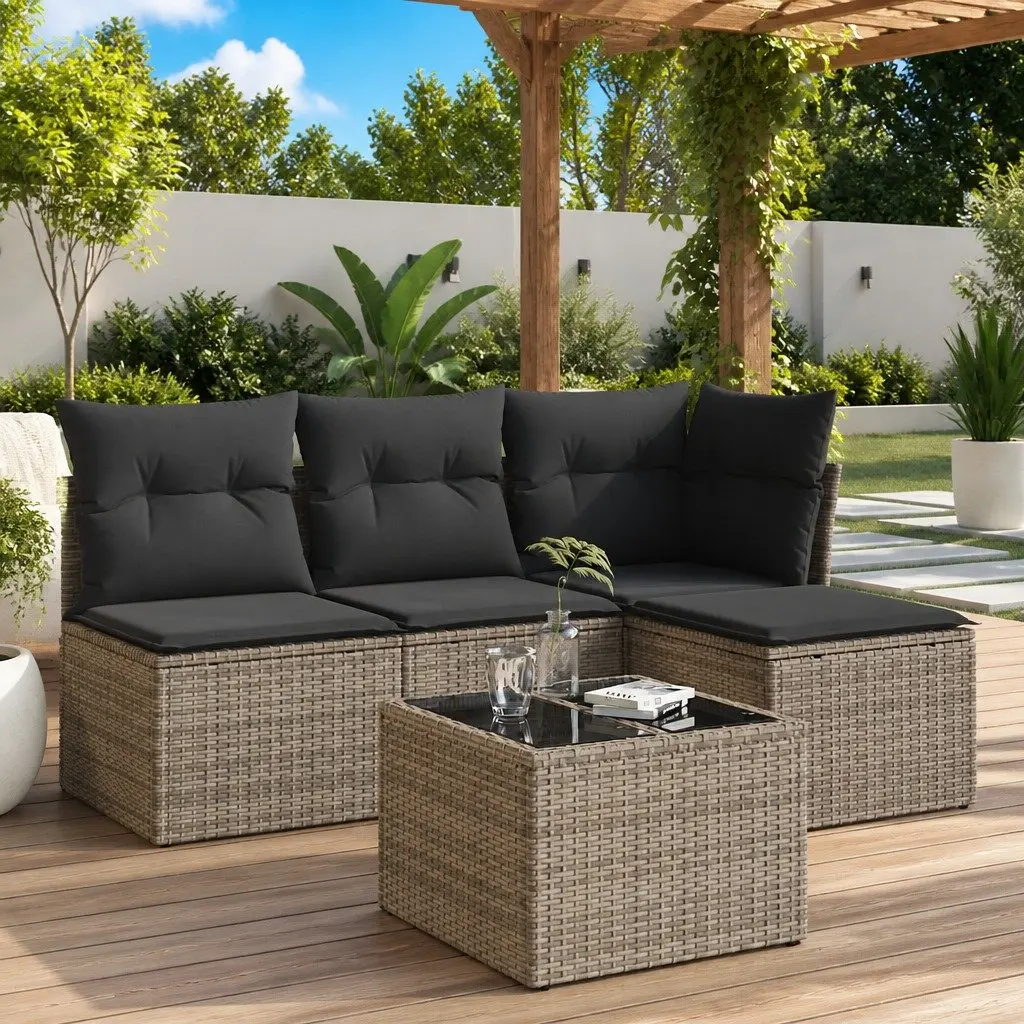5 Piece Garden Sofa Set Grey PE Rattan Outdoor Furniture Storage Compartment
