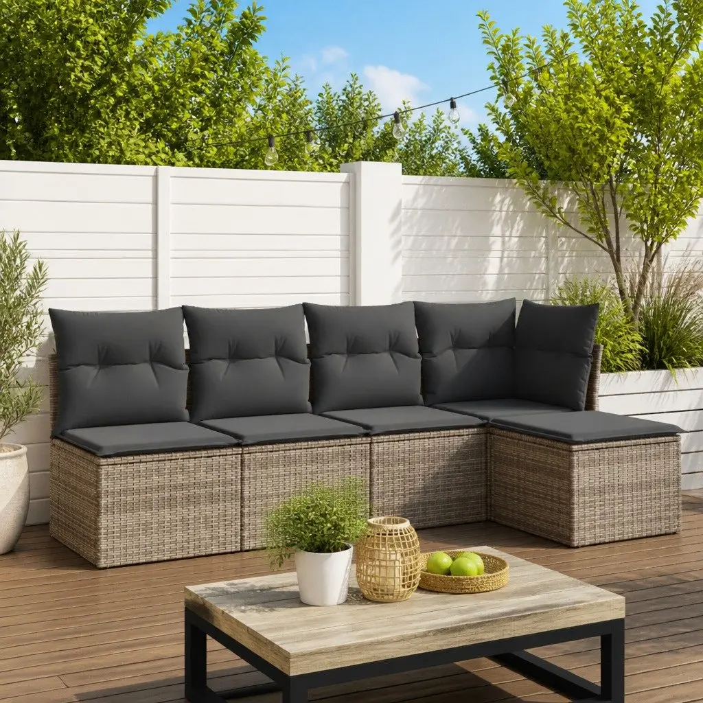 Garden Sofa Set Grey 5 Piece Modular Outdoor Furniture PE Poly Rattan Weather Resistant