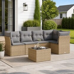 Garden Sofa Set 6 Piece Outdoor Furniture Beige Poly Rattan Patio Seating