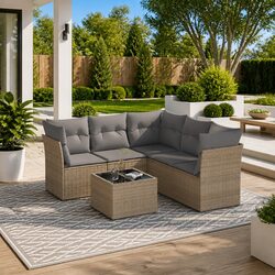 Garden Sofa Set 6 Piece Outdoor Furniture Patio Beige Poly Rattan with Cushions