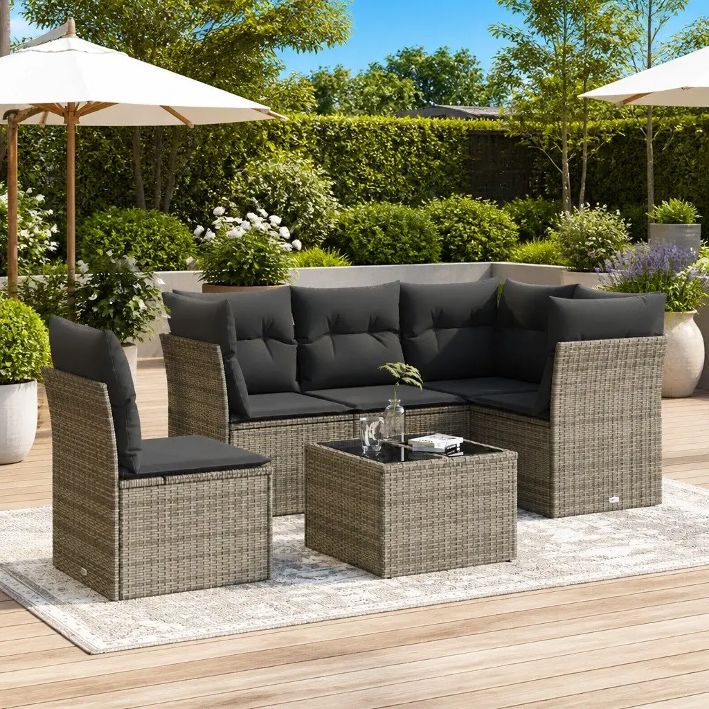 Garden Sofa Set 6 Piece Outdoor Furniture Grey Poly Rattan with Storage Cushions