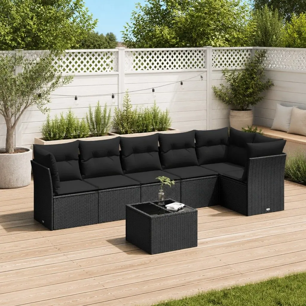 Garden Sofa Set Black 7 Piece Outdoor Furniture Poly Rattan with Cushions