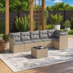 Concise Outdoor Sofa Set: 7 Pieces in Beige Rattan