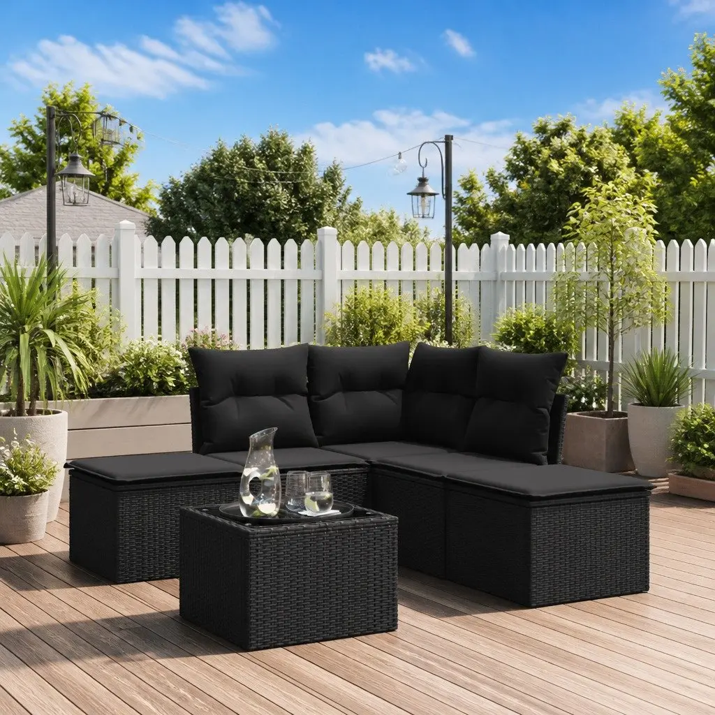 Garden Sofa Set 6 Piece Outdoor Furniture Black Poly Rattan Patio with Cushions