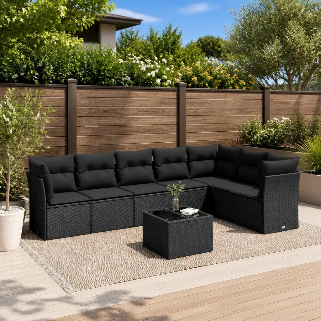 Garden Sofa Set Black 8 Piece Modular Outdoor Furniture PE Rattan Tempered Glass Table
