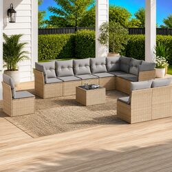 Garden Sofa Set 11 Piece Outdoor Furniture Beige Poly Rattan Patio Seating