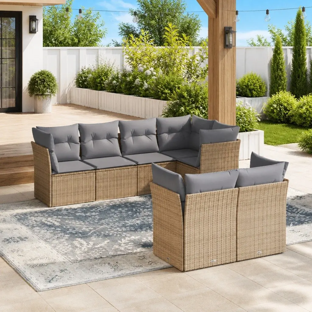 7 Piece Garden Sofa Set Beige Poly Rattan Modular Outdoor Furniture with Cushions