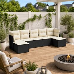 Garden Sofa Set 7 Piece Outdoor Patio Furniture Black Poly Rattan Modular