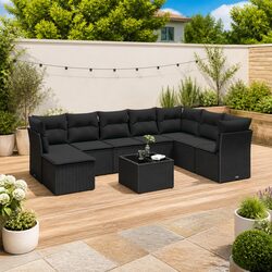 Compact 9-Piece Black Outdoor Sofa Set with Cushions