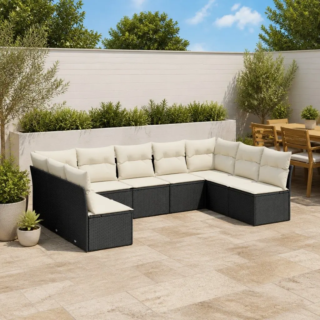 Garden Sofa Set Black 9 Piece Outdoor Furniture Patio Poly Rattan with Cushions