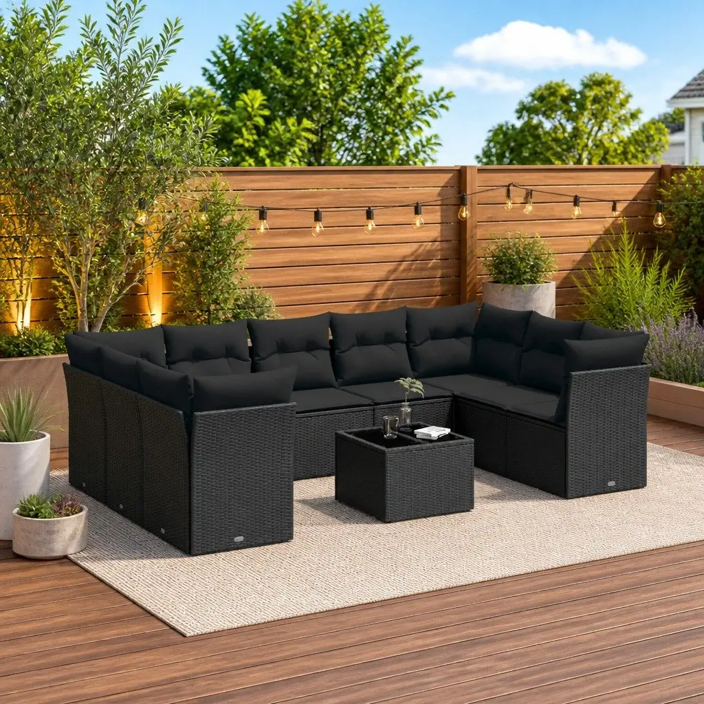 Garden Sofa Set 10 Piece Outdoor Furniture Black PE Rattan Patio Sectional with