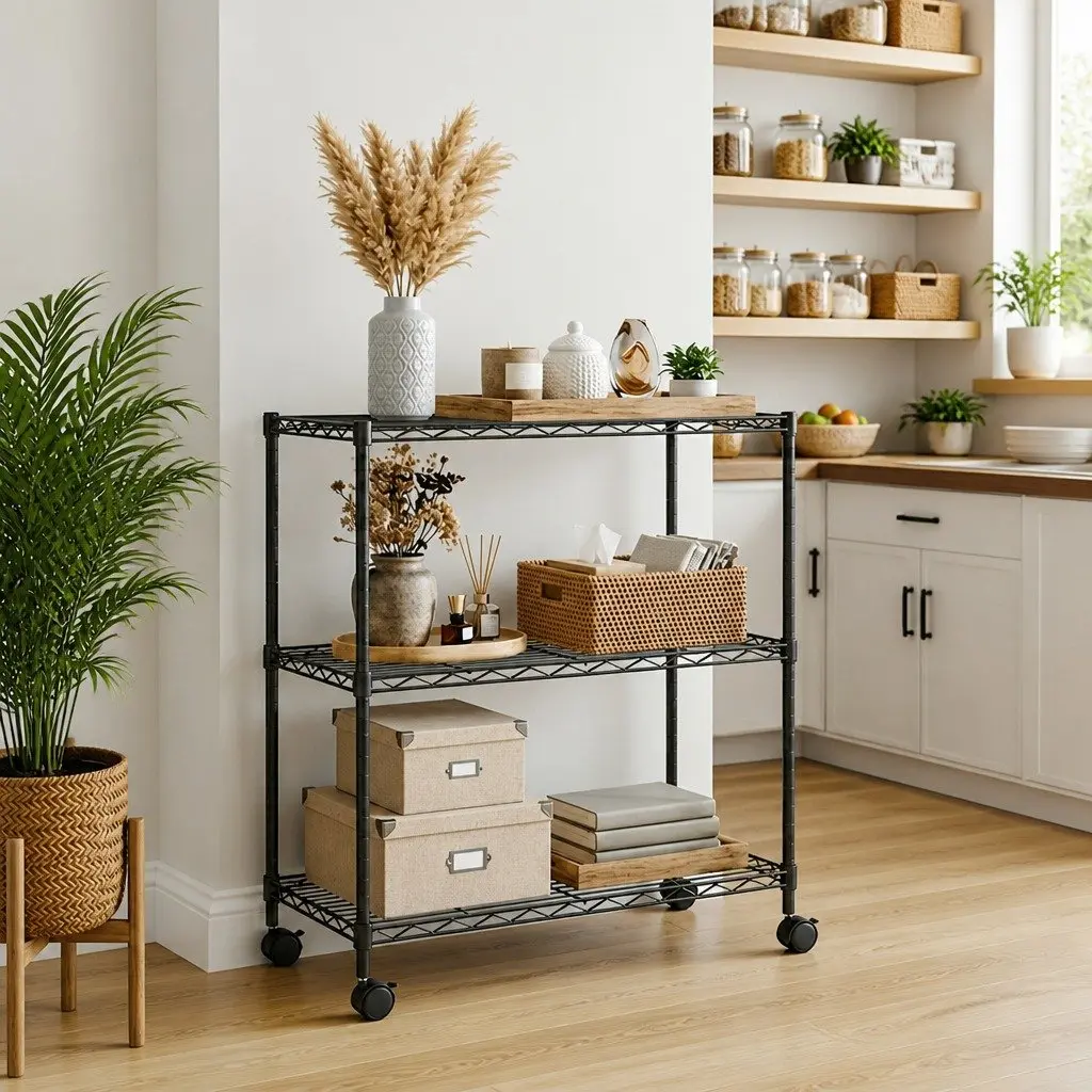 3-Tier Storage Rack Black 60x35x81cm Mobile Shelving Unit