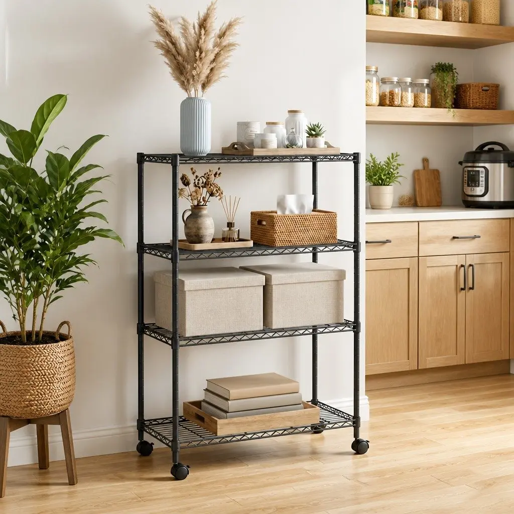 4-Tier Storage Shelf Black Iron Heavy Duty with Wheels