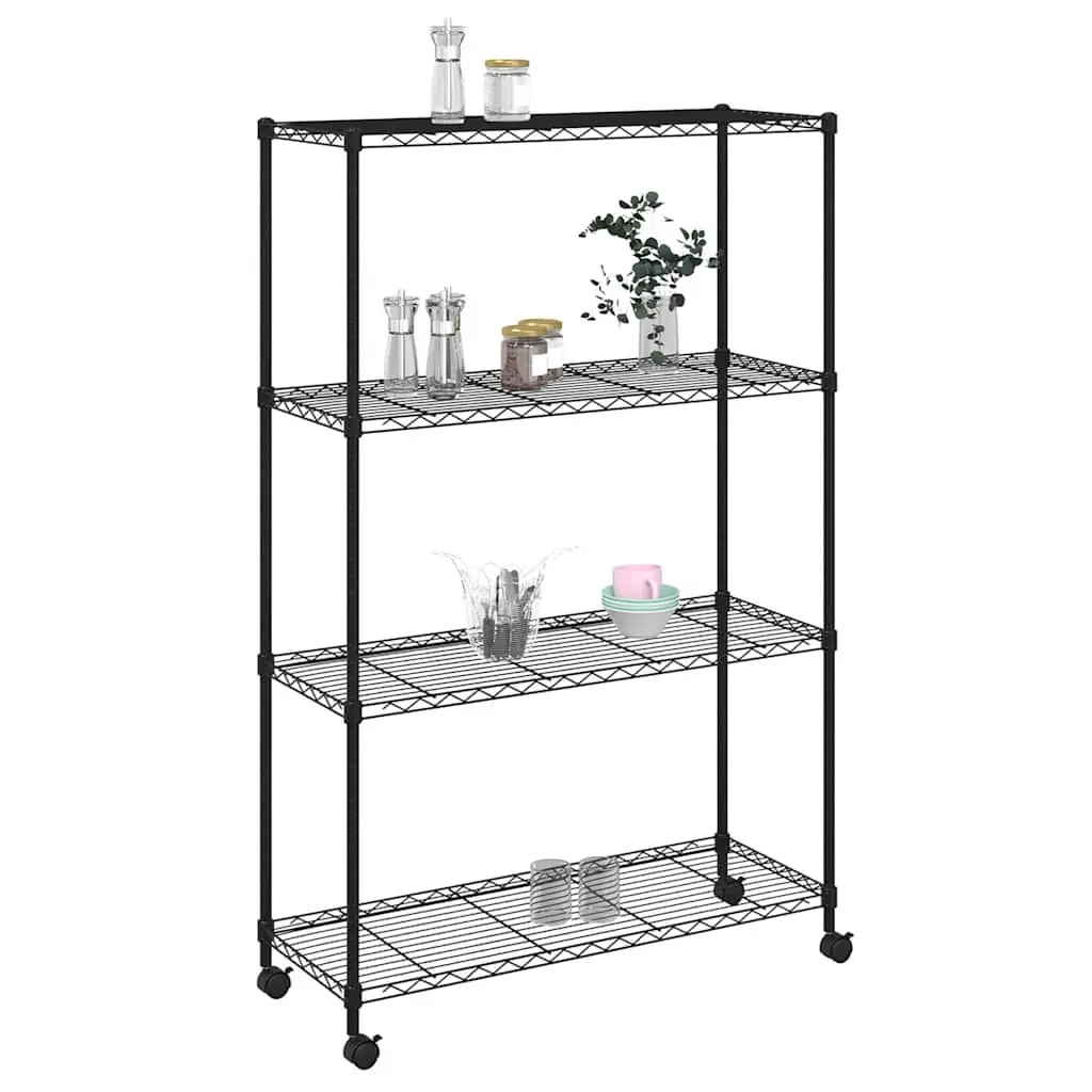 4-Tier Storage Shelf Black Iron Heavy Duty with Wheels
