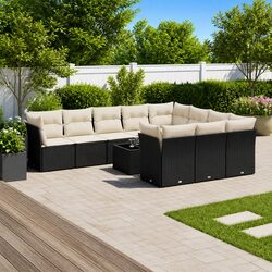 Outdoor Garden Sofa Set 11 Piece Black Poly Rattan Patio Furniture with Cushions