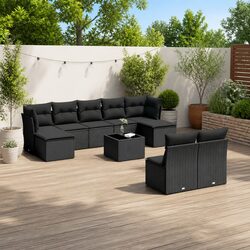 10 Piece Outdoor Garden Sofa Set Black Poly Rattan Patio Furniture with