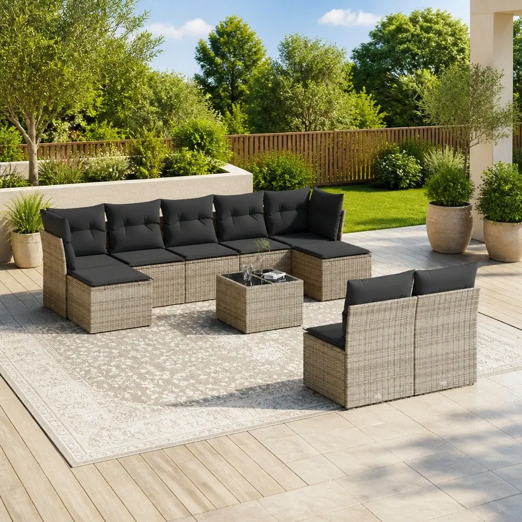 Garden Sofa Set 10 Piece Outdoor Furniture Grey Poly Rattan with Cushions
