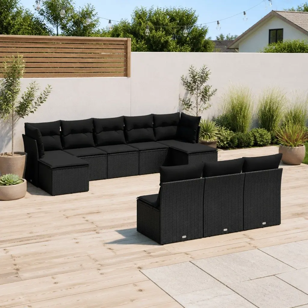 Garden Sofa Set 10 Piece Outdoor Furniture with Cushions Black Poly Rattan