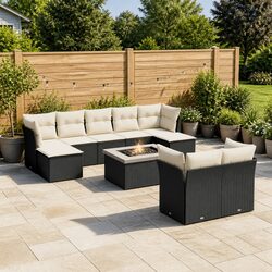 Garden Sofa Set 10 Piece Black Poly Rattan Outdoor Furniture with Cushions