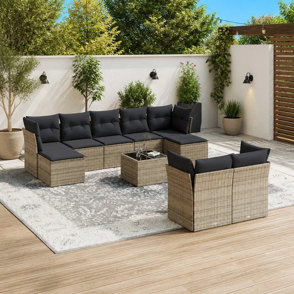 Garden Sofa Set Grey 10 Piece Outdoor Furniture Patio Poly Rattan with Storage