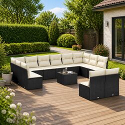 Garden Sofa Set 13 Piece Outdoor Furniture with Cushions Storage Black Poly
