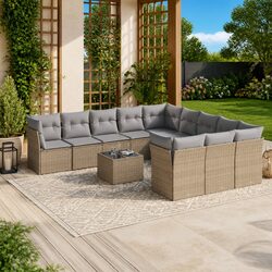 Outdoor Garden Sofa Set 12 Piece Beige Poly Rattan Patio Furniture with Cushions