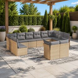 Garden Sofa Set 12 Piece Outdoor Furniture Beige Poly Rattan Patio Seating