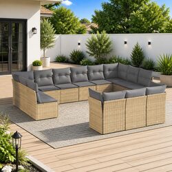 Garden Sofa Set 13 Piece Outdoor Furniture Beige Poly Rattan Patio Seating