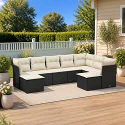 Garden Sofa Set 9 Piece Outdoor Furniture Black Poly Rattan Patio Seating with