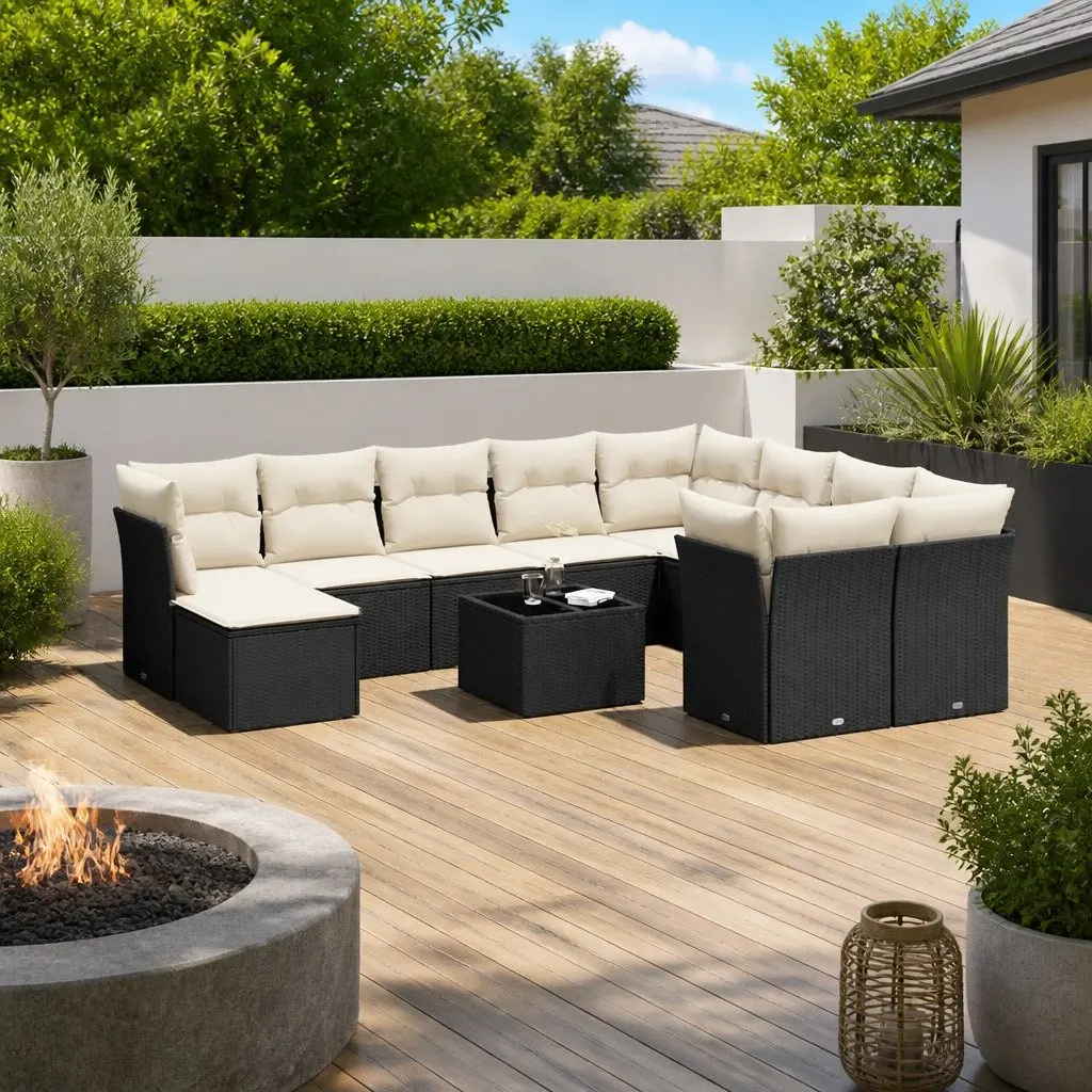Garden Sofa Set 11 Piece Outdoor Furniture Patio Sectional Black Poly Rattan