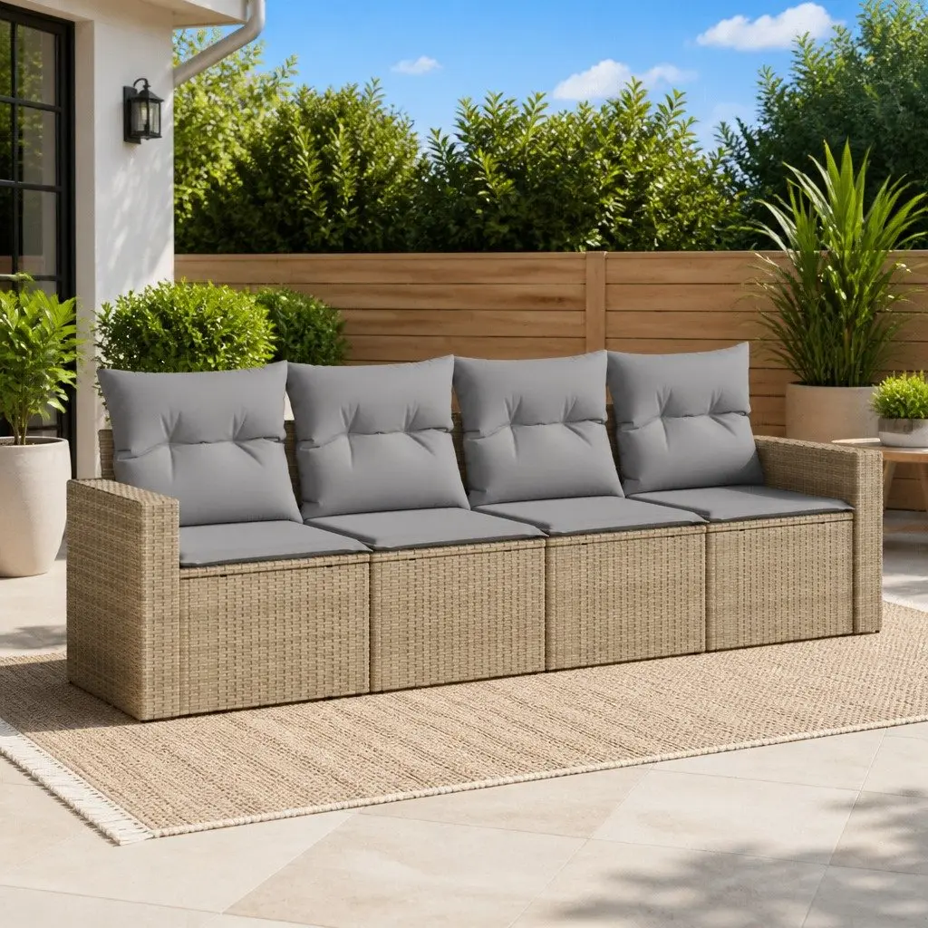 4 Piece Outdoor Garden Sofa Set Beige Poly Rattan Patio Sectional with Cushions