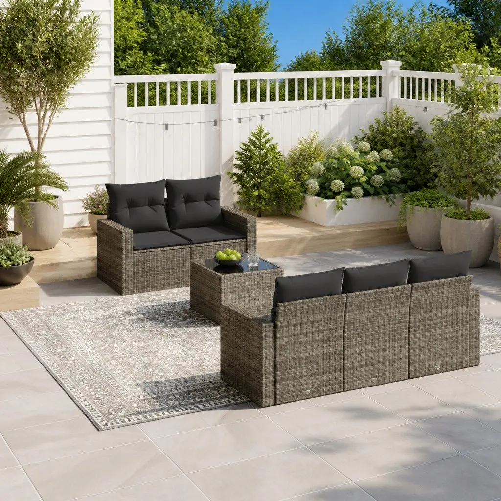 6 Piece Garden Sofa Set Grey Rattan Modular Sectional with Cushions and Storage