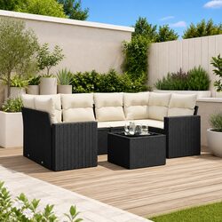 Outdoor Sectional Sofa Set 7 Piece Black Poly Rattan Garden Furniture with