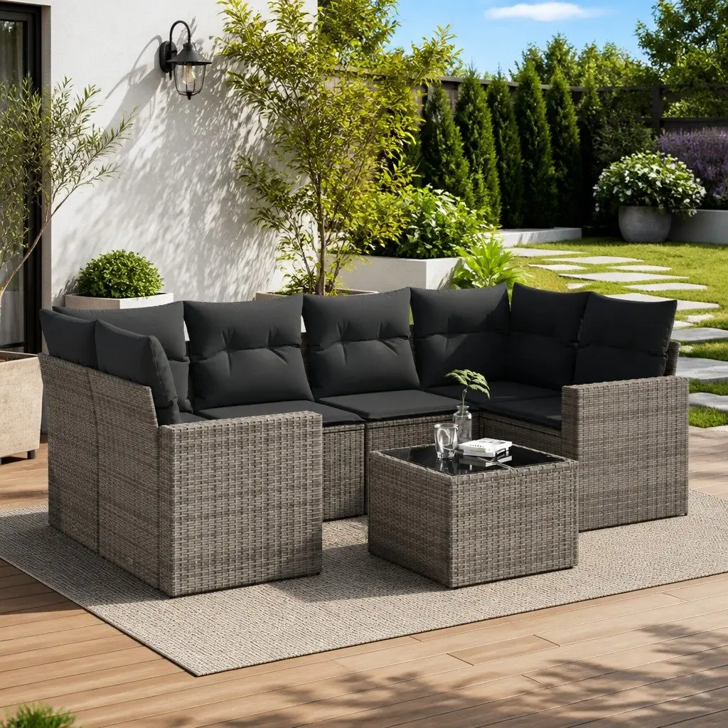 7PieceModularOutdoorGardenSofaSetGreyWithStorageCushionsAndTemperedGlassTable