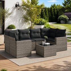 7 Piece Garden Sofa Set Grey Outdoor Sectional with Storage Cushions Glass Table