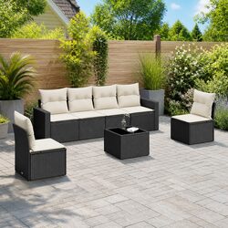 7 Piece Outdoor Garden Sofa Set Black Rattan Sectional with Cushions Storage