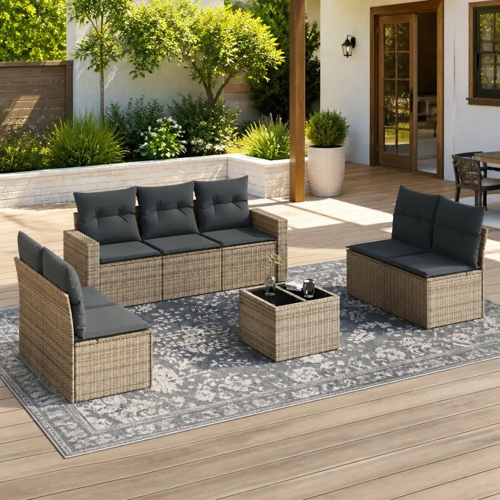 8 Piece Outdoor Garden Sofa Set with Storage Grey Poly Rattan Patio Sectional
