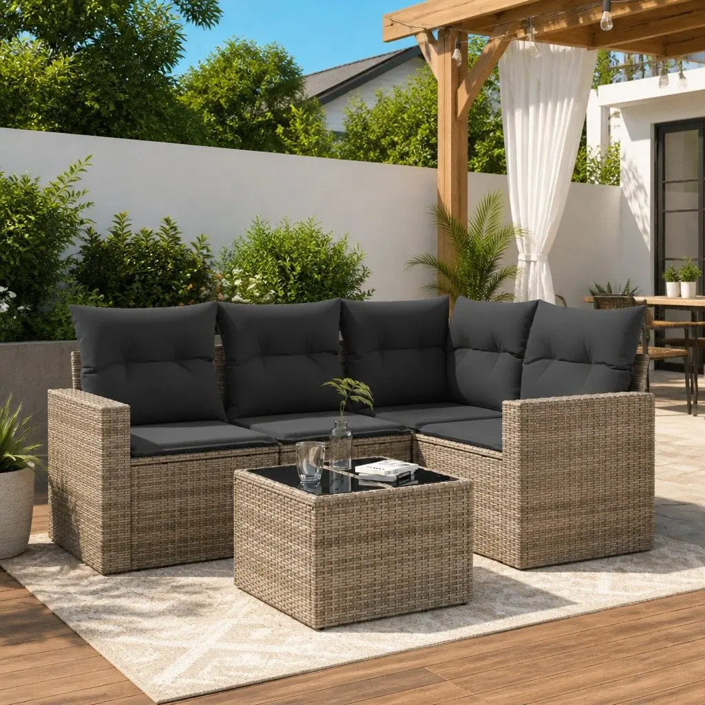 5 Piece Grey Outdoor Garden Sofa Set Poly Rattan Sectional with Storage Cushions