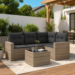 5 Piece Grey Outdoor Garden Sofa Set Poly Rattan Sectional with Storage Cushions