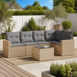 6 Piece Outdoor Garden Sofa Set Beige Rattan Sectional with Storage Cushions
