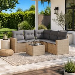 Outdoor Sectional Sofa Set 6 Piece Garden Furniture Beige Poly Rattan with