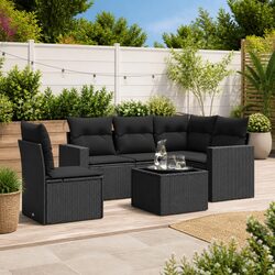 6 Piece Outdoor Sectional Sofa Set Black Poly Rattan Garden Patio Furniture