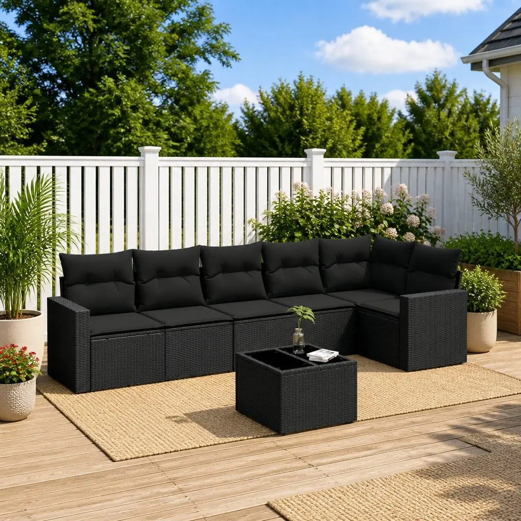 7 Piece Outdoor Sectional Sofa Set Black Modular Garden Furniture with Removable Cushions and Tempered Glass Table