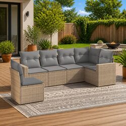 6 Piece Outdoor Sectional Sofa Set Beige Garden Seating with Storage Cushions
